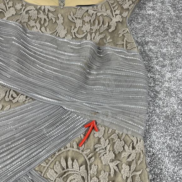 Tadashi Shoji Dress Womens 6 Lace Embroidery Sequins Multi Textured Taupe Silver - Picture 6 of 15